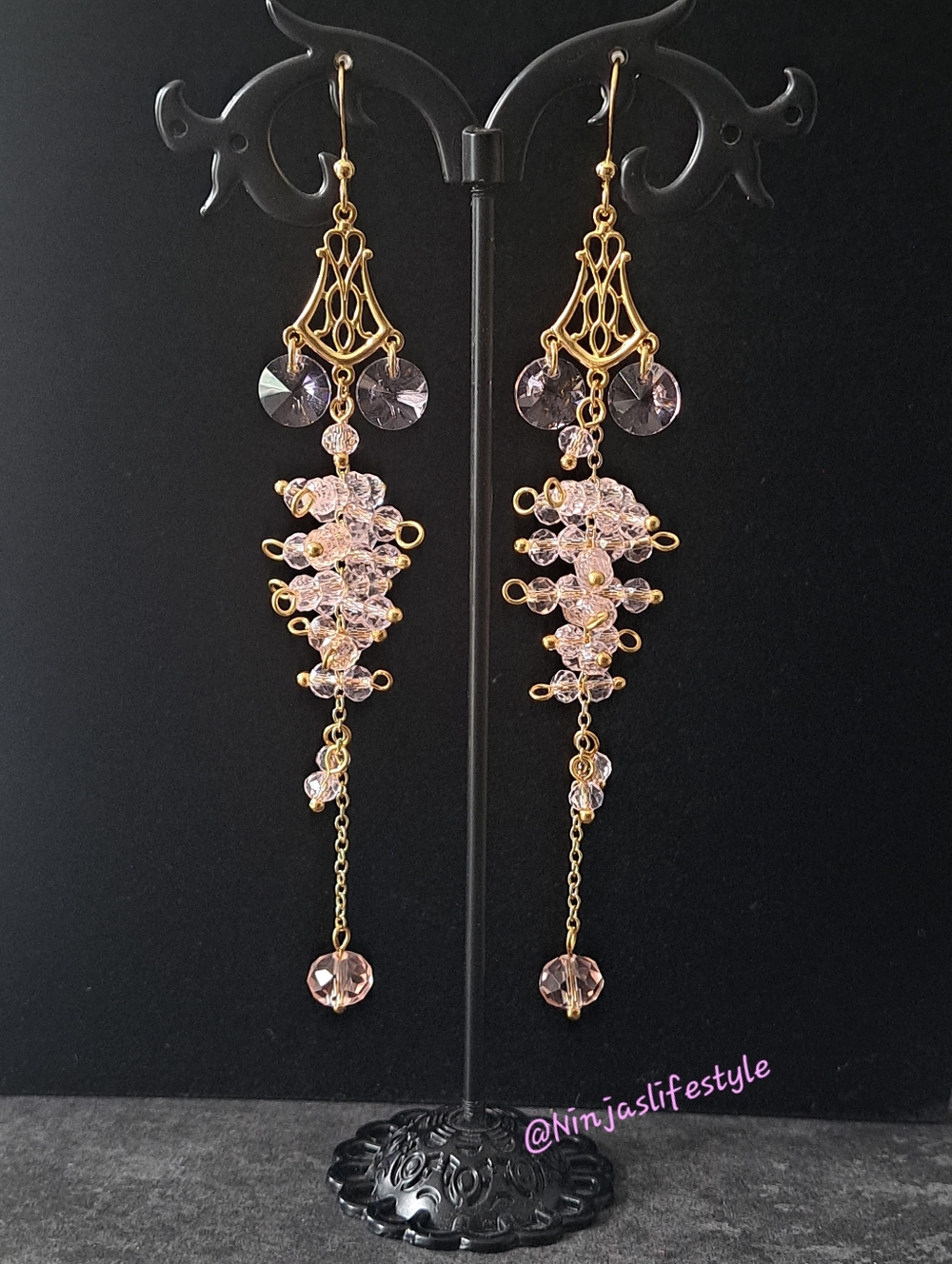Elegant Pink & Gold Chandelier Earrings